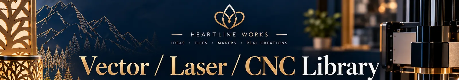 Heartline Works Vector / Laser / CNC Library: illustrative imagery of laser-cut and CNC-cut panels, a laser head and a router